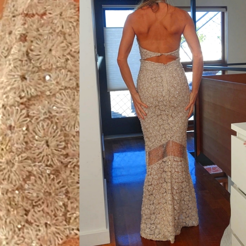 Odyssey Golden Beige Sheer Flower knit oatmeal flower sheer maxi dress xs